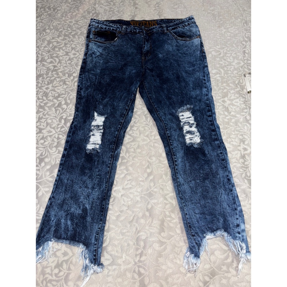 VIP Jeans Acid Wash Distressed Shark Bite Hem Jeans Blue Size 13/14 (E29)